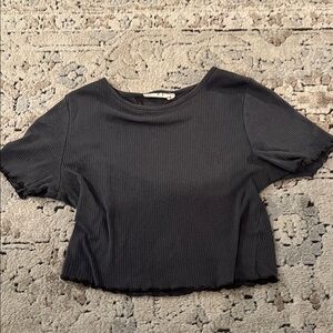 Molly Green Blue Gray Ruffle Trim Ribbed Top